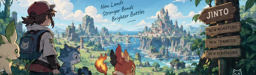 Decorative editorial illustration of a trainer and small fantasy companions overlooking a bright Jinto-inspired landscape. Not game footage.